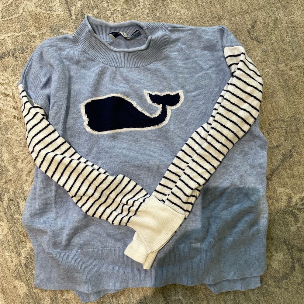 Blue Whale Sweater with Striped Sleeves